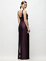 Rear View Thumbnail - Deep Plum Scoop Neck Satin Column Maxi Dress with Bow at Empire Waist