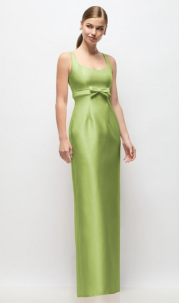 Front View - Mojito Scoop Neck Satin Column Maxi Dress with Bow at Empire Waist