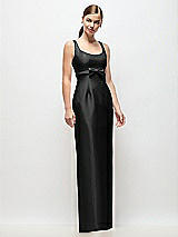 Front View Thumbnail - Black Scoop Neck Satin Column Maxi Dress with Bow at Empire Waist