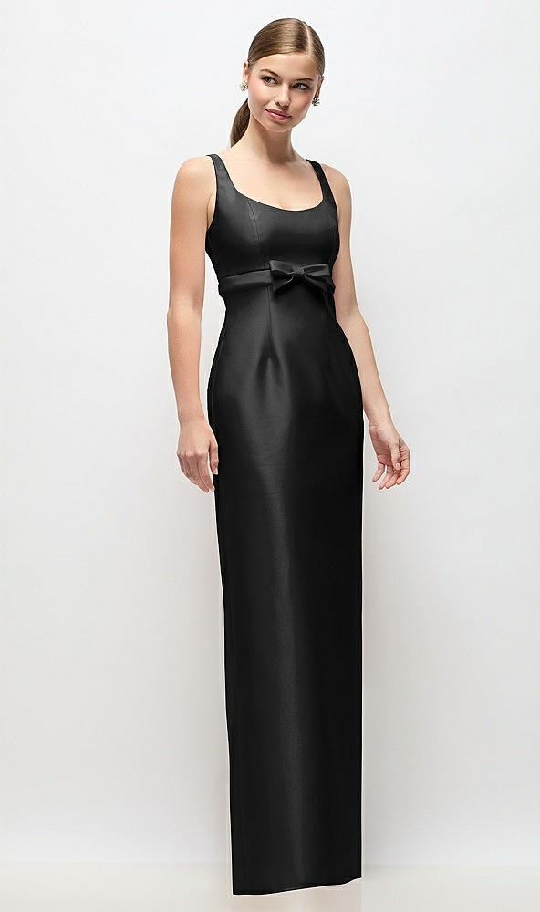 Front View - Black Scoop Neck Satin Column Maxi Dress with Bow at Empire Waist
