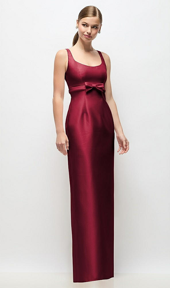 Front View - Burgundy Scoop Neck Satin Column Maxi Dress with Bow at Empire Waist
