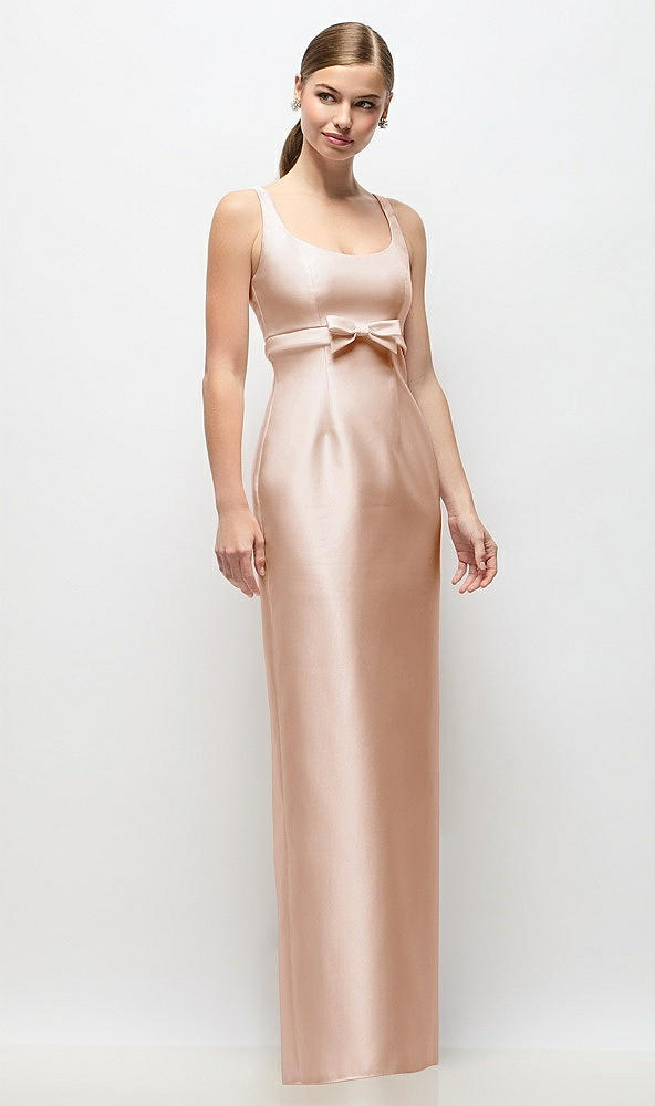 Front View - Cameo Scoop Neck Satin Column Maxi Dress with Bow at Empire Waist