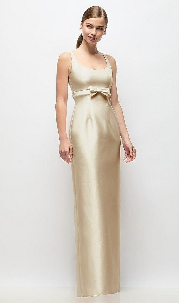 Front View - Champagne Scoop Neck Satin Column Maxi Dress with Bow at Empire Waist