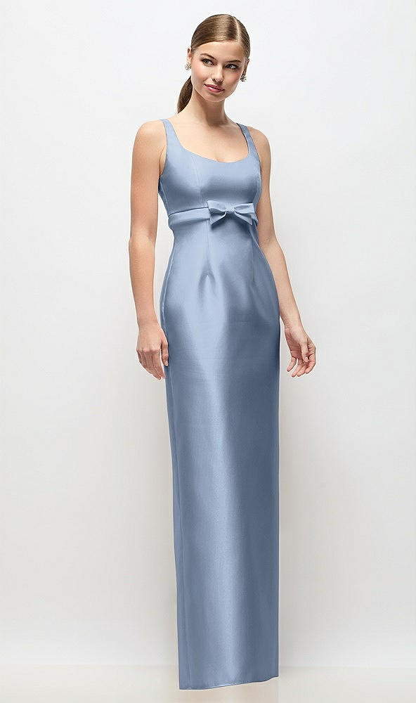 Front View - Cloudy Scoop Neck Satin Column Maxi Dress with Bow at Empire Waist