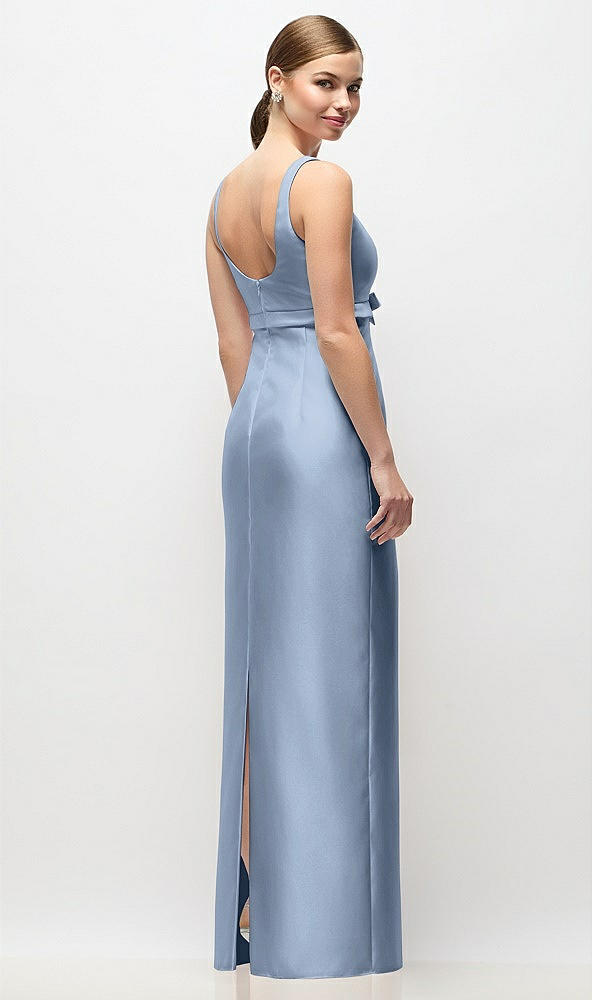 Back View - Cloudy Scoop Neck Satin Column Maxi Dress with Bow at Empire Waist