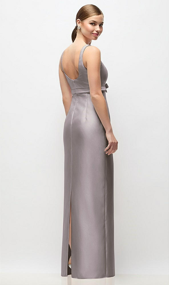 Back View - Cashmere Gray Scoop Neck Satin Column Maxi Dress with Bow at Empire Waist