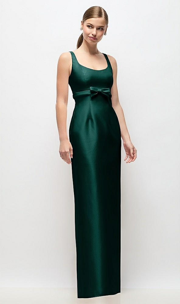 Front View - Evergreen Scoop Neck Satin Column Maxi Dress with Bow at Empire Waist