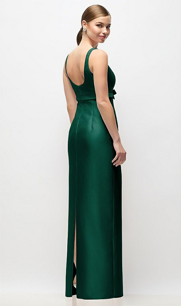 Back View - Hunter Green Scoop Neck Satin Column Maxi Dress with Bow at Empire Waist