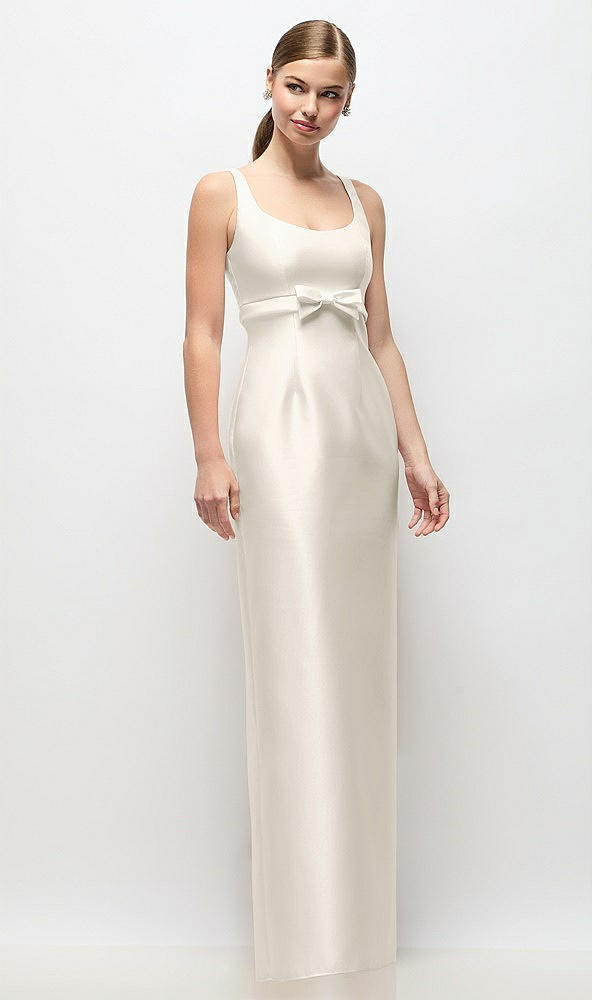 Front View - Ivory Scoop Neck Satin Column Maxi Dress with Bow at Empire Waist