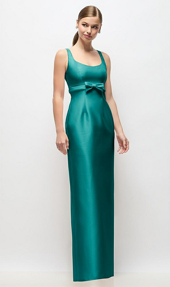 Front View - Jade Scoop Neck Satin Column Maxi Dress with Bow at Empire Waist