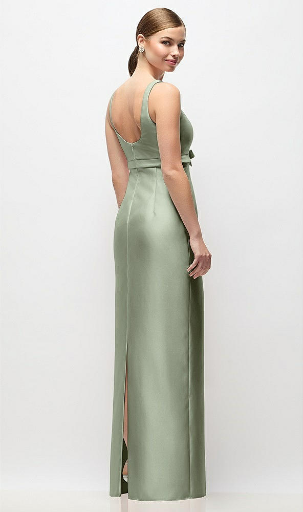 Back View - Sage Scoop Neck Satin Column Maxi Dress with Bow at Empire Waist