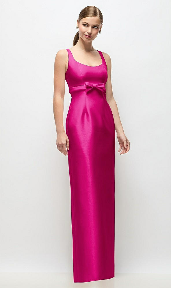 Front View - Think Pink Scoop Neck Satin Column Maxi Dress with Bow at Empire Waist