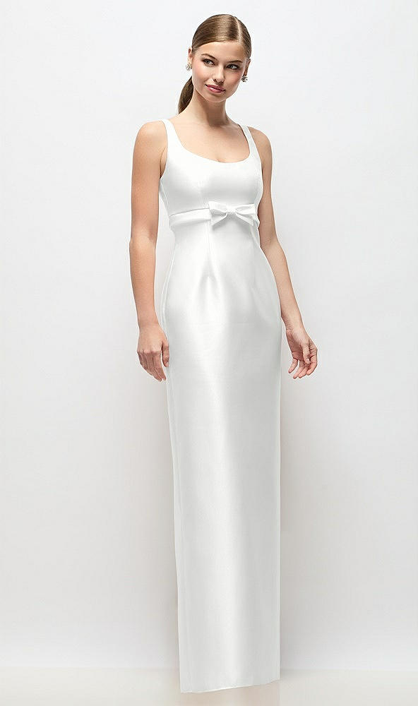 Front View - White Scoop Neck Satin Column Maxi Dress with Bow at Empire Waist