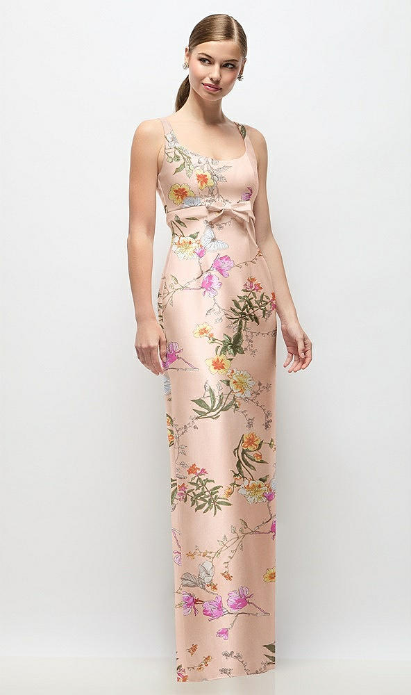 Front View - Butterfly Botanica Pink Sand Scoop Neck Floral Satin Column Maxi Dress with Bow at Empire Waist