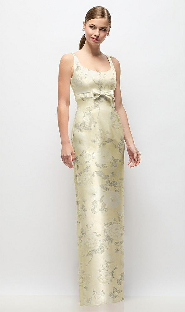 Front View - Butter Yellow Floral Scoop Neck Floral Satin Column Maxi Dress with Bow at Empire Waist