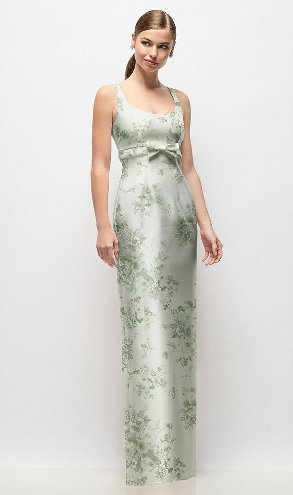 Front View - Sage Cottage Rose Scoop Neck Floral Satin Column Maxi Dress with Bow at Empire Waist