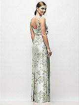 Rear View Thumbnail - Sage Cottage Rose Scoop Neck Floral Satin Column Maxi Dress with Bow at Empire Waist