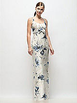Front View Thumbnail - Inkwash Blue Floral Scoop Neck Floral Satin Column Maxi Dress with Bow at Empire Waist