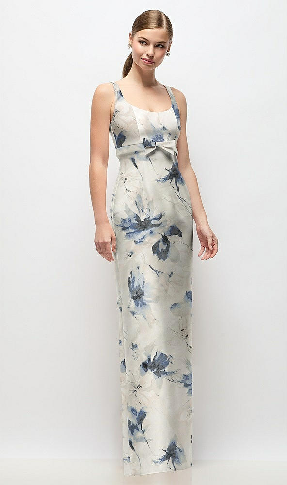 Front View - Inkwash Blue Floral Scoop Neck Floral Satin Column Maxi Dress with Bow at Empire Waist