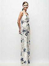 Side View Thumbnail - Inkwash Blue Floral Scoop Neck Floral Satin Column Maxi Dress with Bow at Empire Waist