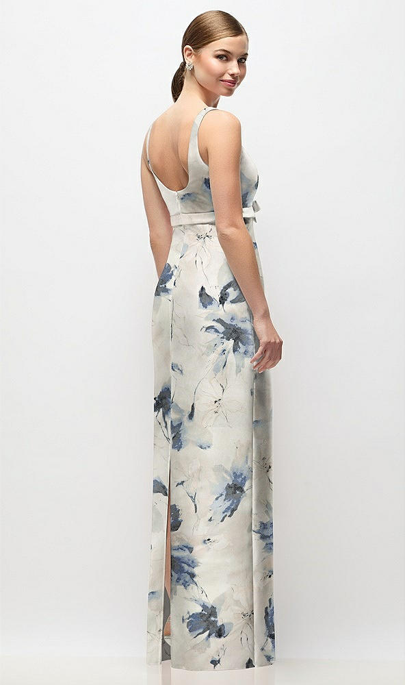 Back View - Inkwash Blue Floral Scoop Neck Floral Satin Column Maxi Dress with Bow at Empire Waist
