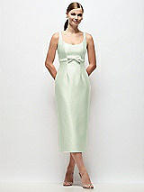Front View Thumbnail - Mint Green Scoop Neck Satin Column Midi Dress with Bow at Empire Waist