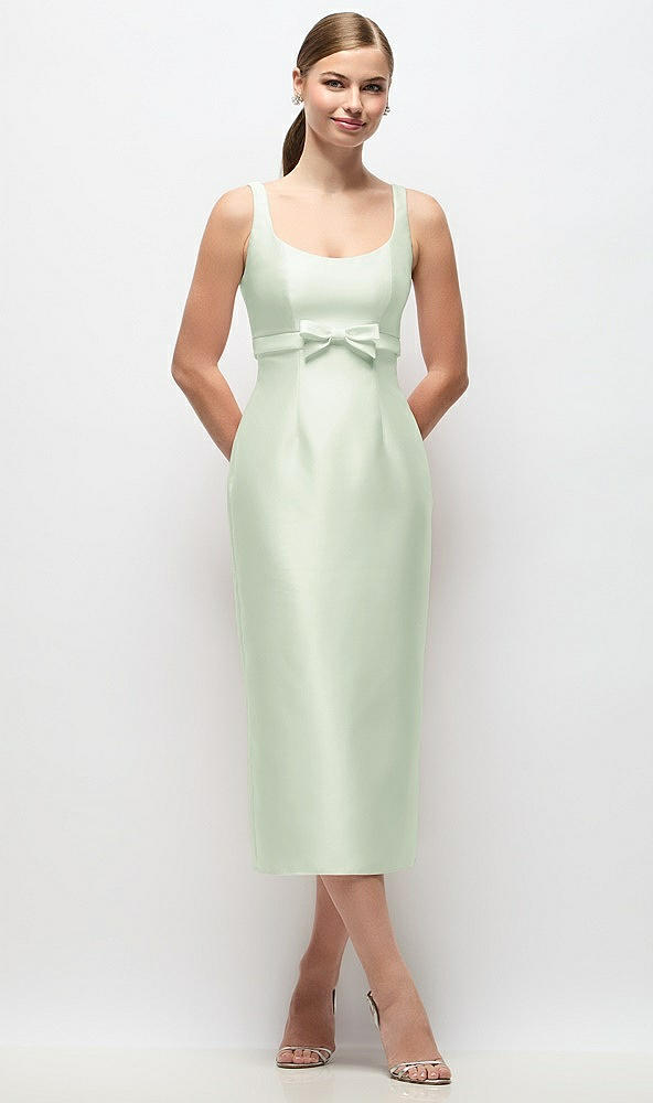 Front View - Mint Green Scoop Neck Satin Column Midi Dress with Bow at Empire Waist