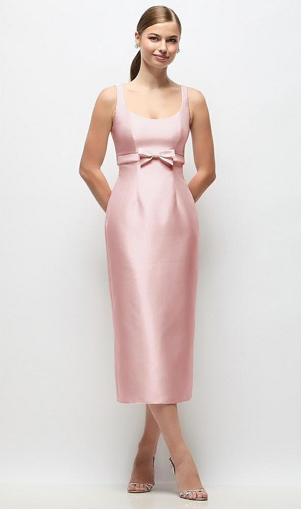 Front View - Ballet Pink Scoop Neck Satin Column Midi Dress with Bow at Empire Waist