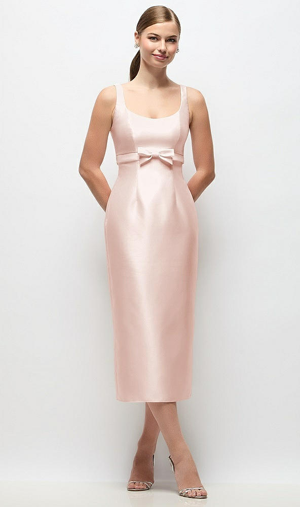 Front View - Blush Scoop Neck Satin Column Midi Dress with Bow at Empire Waist
