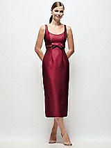 Front View Thumbnail - Burgundy Scoop Neck Satin Column Midi Dress with Bow at Empire Waist