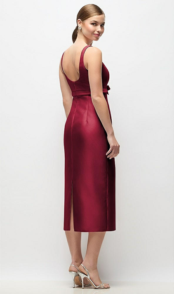 Back View - Burgundy Scoop Neck Satin Column Midi Dress with Bow at Empire Waist