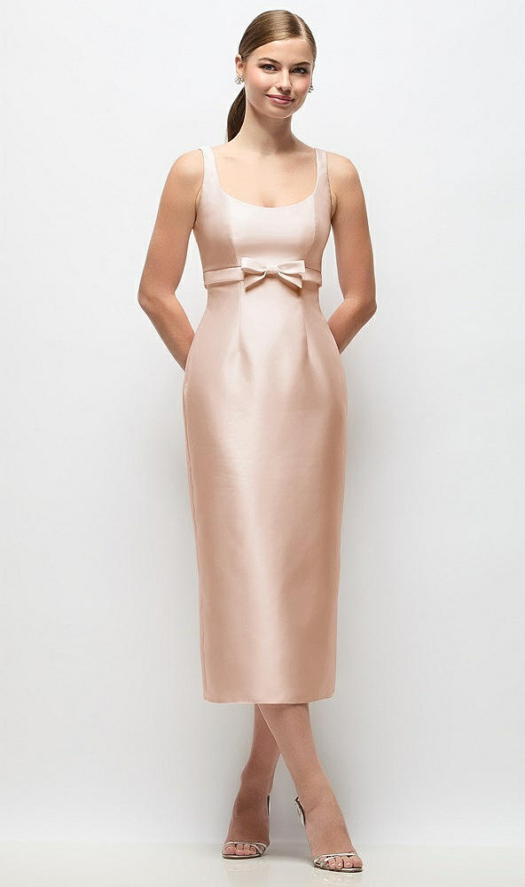 Front View - Cameo Scoop Neck Satin Column Midi Dress with Bow at Empire Waist