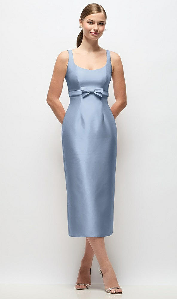 Front View - Cloudy Scoop Neck Satin Column Midi Dress with Bow at Empire Waist