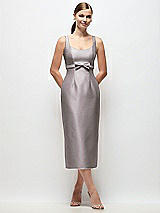 Front View Thumbnail - Cashmere Gray Scoop Neck Satin Column Midi Dress with Bow at Empire Waist