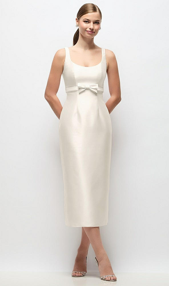 Front View - Ivory Scoop Neck Satin Column Midi Dress with Bow at Empire Waist