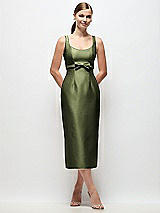 Front View Thumbnail - Olive Green Scoop Neck Satin Column Midi Dress with Bow at Empire Waist