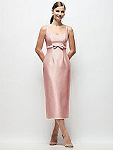 Front View Thumbnail - Rose Scoop Neck Satin Column Midi Dress with Bow at Empire Waist