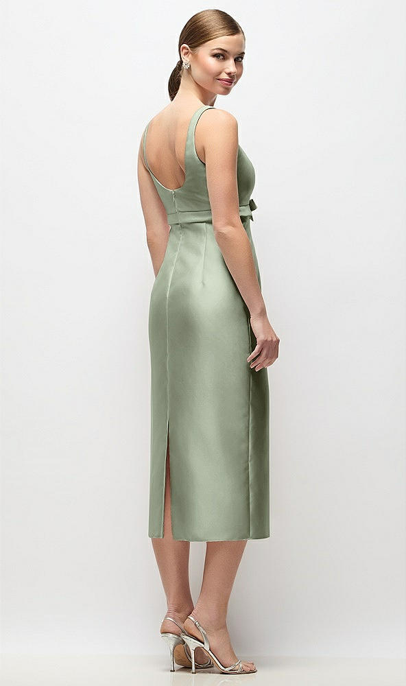 Back View - Sage Scoop Neck Satin Column Midi Dress with Bow at Empire Waist