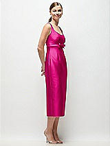 Side View Thumbnail - Think Pink Scoop Neck Satin Column Midi Dress with Bow at Empire Waist