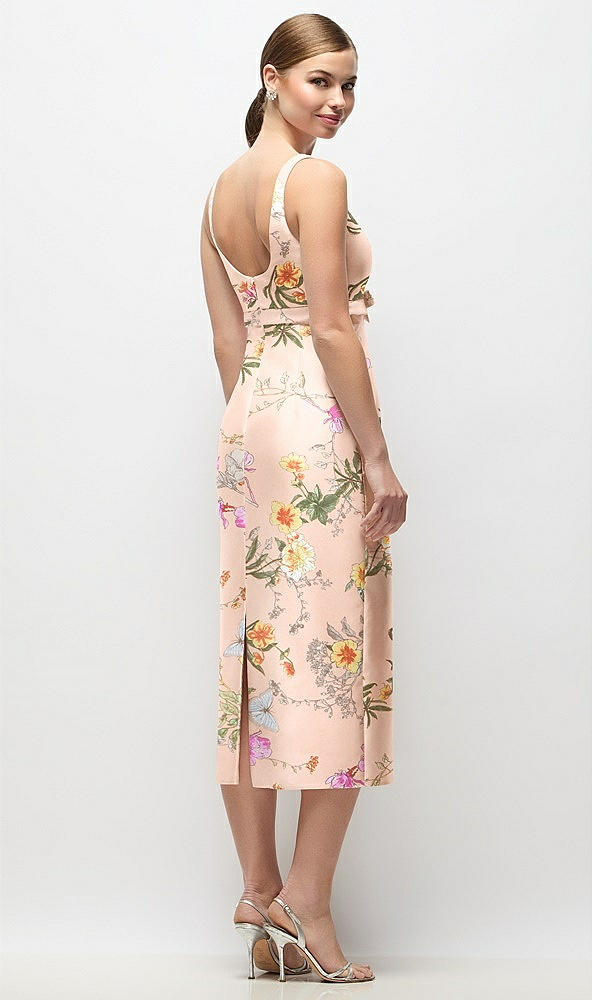 Back View - Butterfly Botanica Pink Sand Scoop Neck Floral Satin Column Midi Dress with Bow at Empire Waist