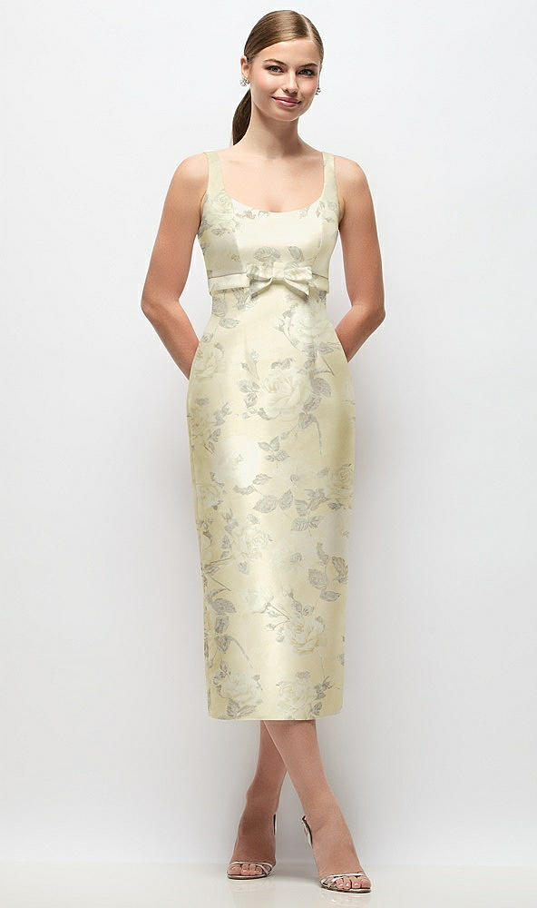 Front View - Butter Yellow Floral Scoop Neck Floral Satin Column Midi Dress with Bow at Empire Waist