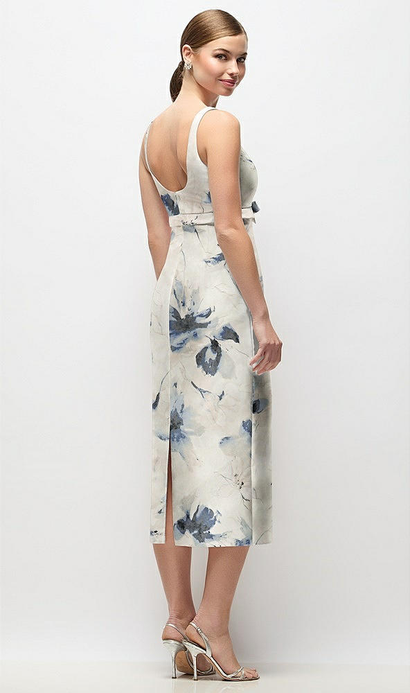 Back View - Inkwash Blue Floral Scoop Neck Floral Satin Column Midi Dress with Bow at Empire Waist