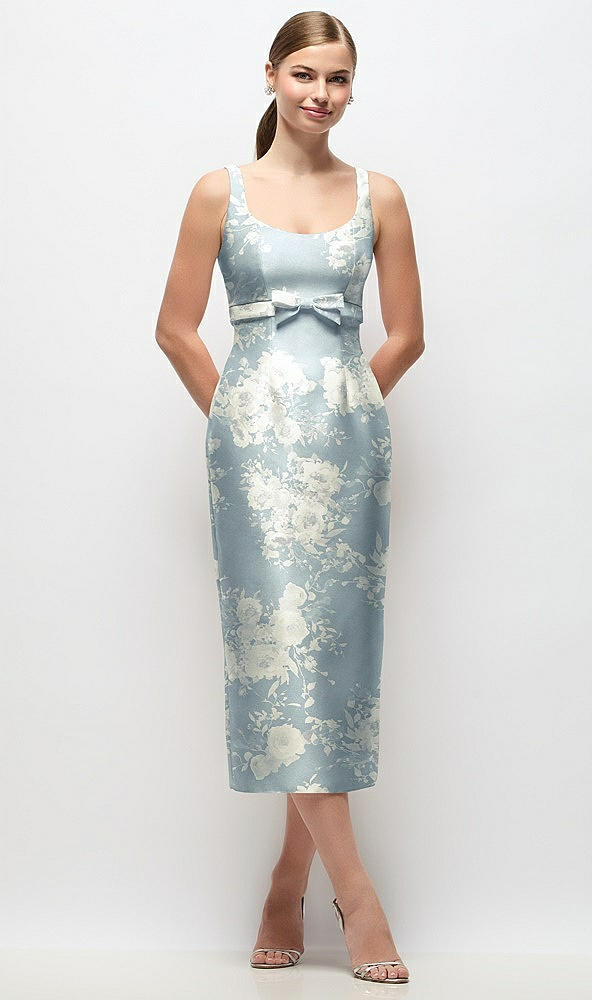 Front View - Porcelain Blue Seraphina Floral Scoop Neck Floral Satin Column Midi Dress with Bow at Empire Waist