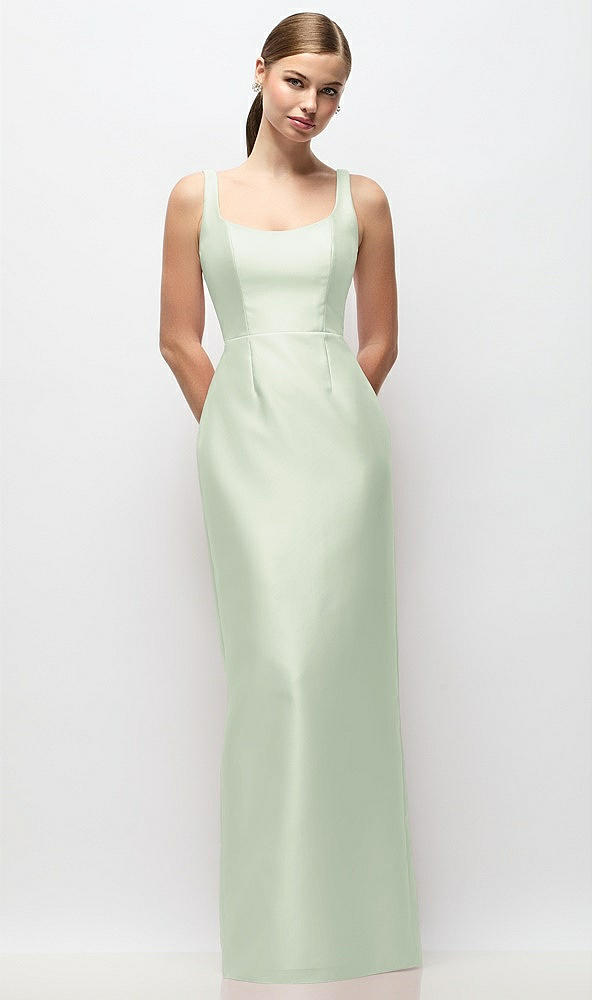 Front View - Mint Green Scoop Neck Satin Column Maxi Dress