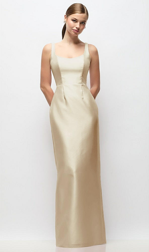 Front View - Champagne Scoop Neck Satin Column Maxi Dress