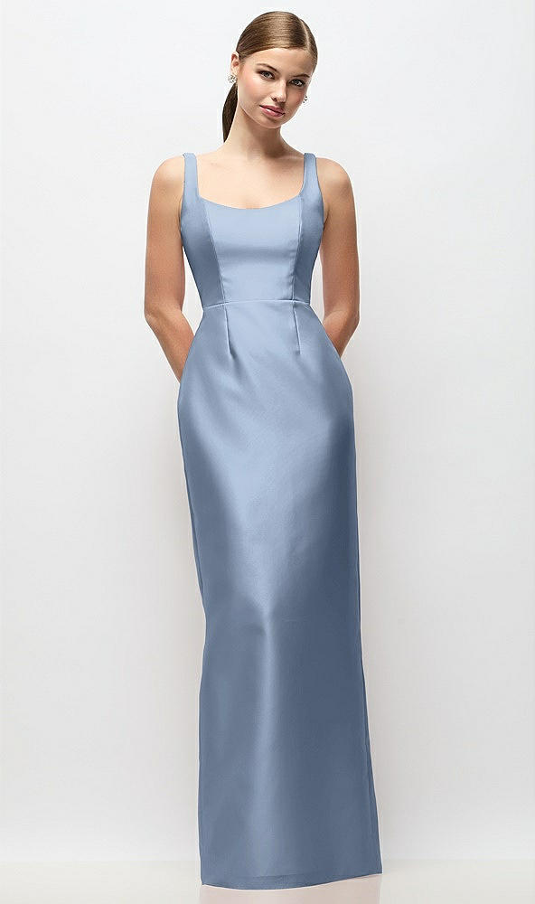 Front View - Cloudy Scoop Neck Satin Column Maxi Dress
