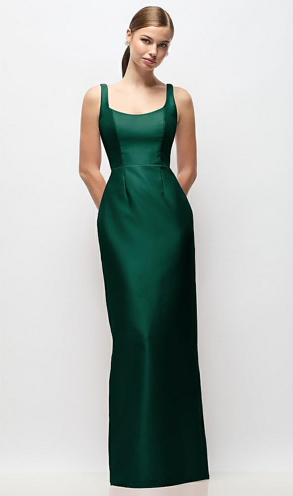 Front View - Hunter Green Scoop Neck Satin Column Maxi Dress