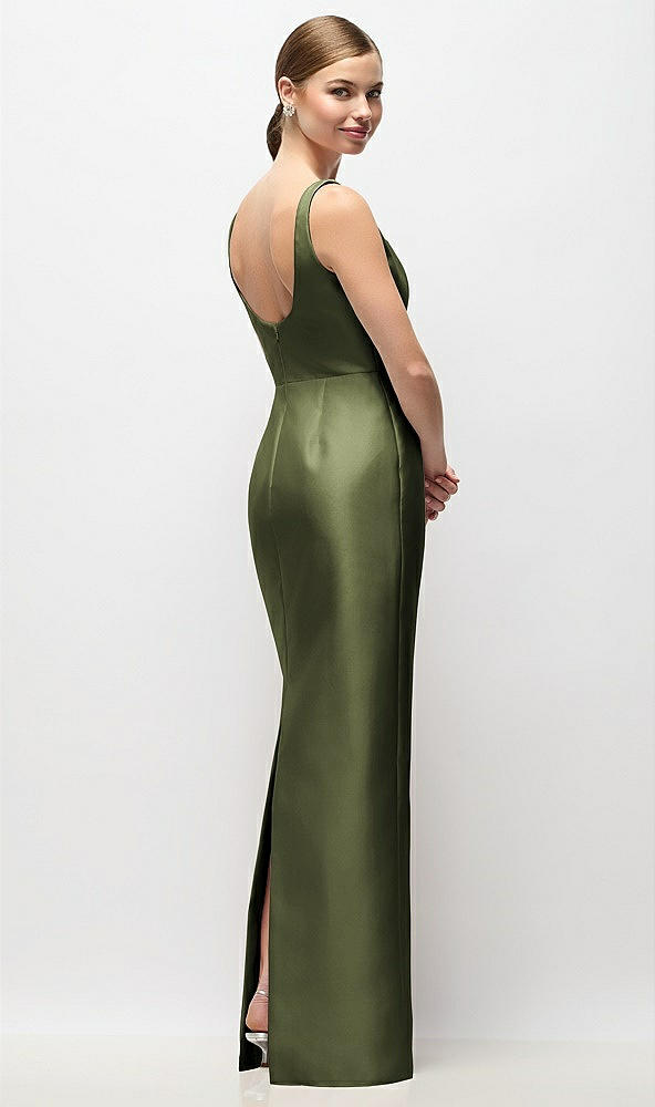 Back View - Olive Green Scoop Neck Satin Column Maxi Dress