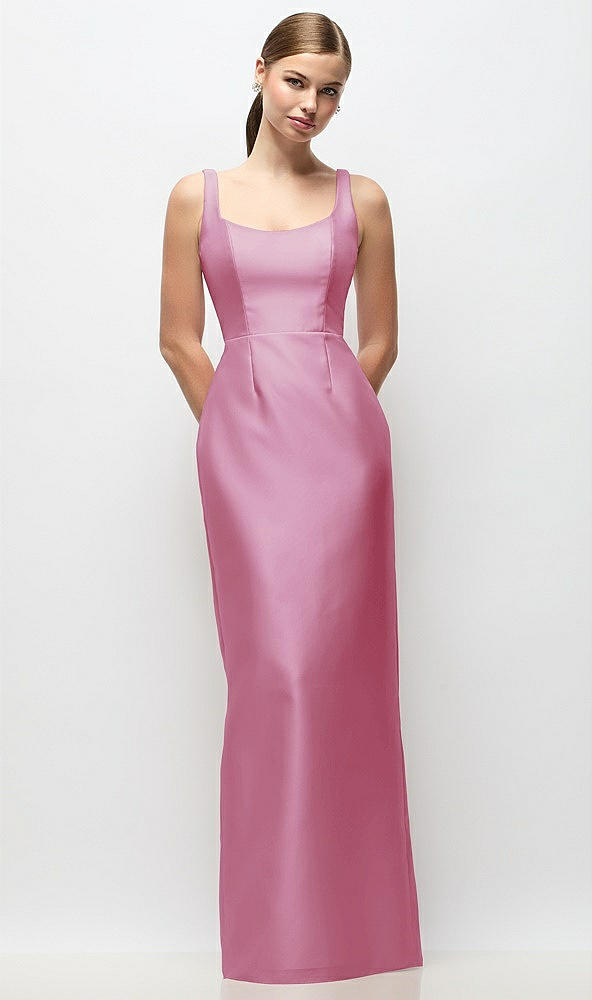 Front View - Powder Pink Scoop Neck Satin Column Maxi Dress