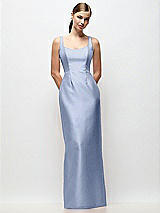 Front View Thumbnail - Sky Blue Scoop Neck Satin Column Maxi Dress